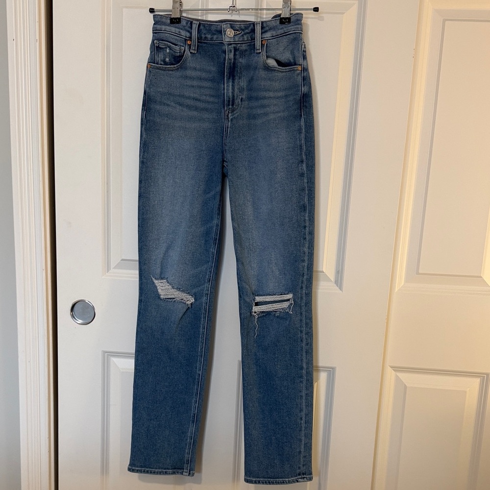PAIGE Stella Blue Straight Leg Jeans with Distressed Details